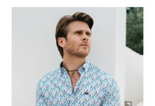 camisa hombre slim fit estampado abstracto azul y marron
