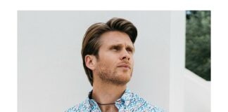 camisa hombre slim fit estampado abstracto azul y marron