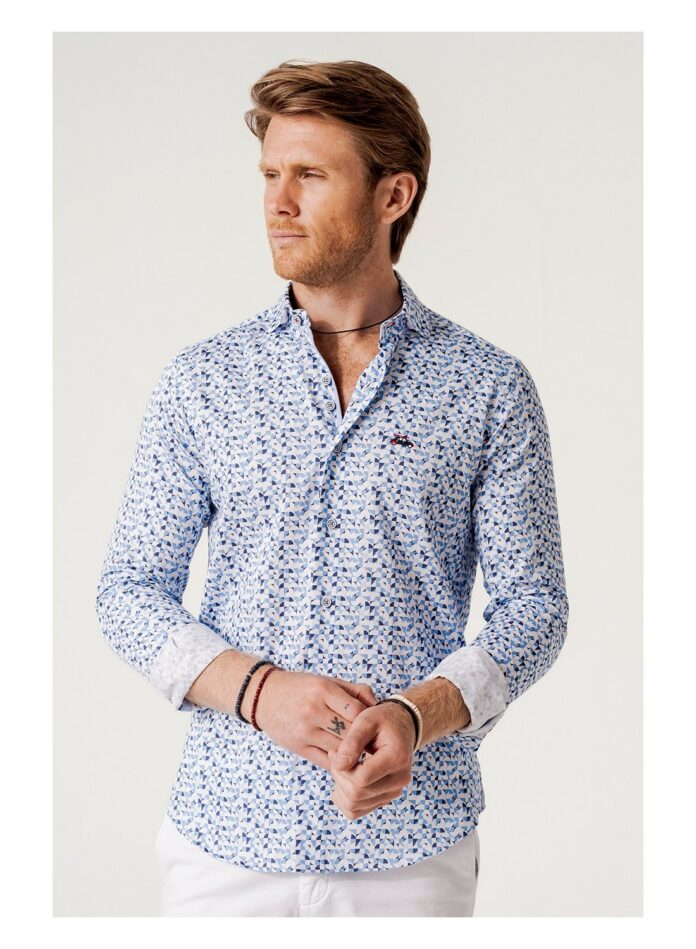 camisa slim fit estampado geometrico tonos azules