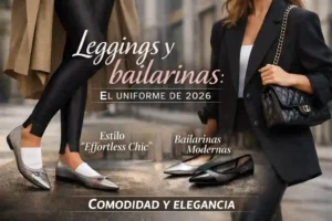 Modelo luciendo leggings ajustados con bailarinas de punta fina en un look urbano elegante y minimalista en ciudad